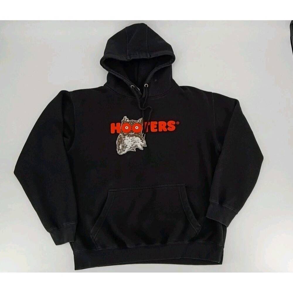 Vintage style Hooters Owl Hoodie L Black Orange 90s Y2K Restaurant Nostalgia